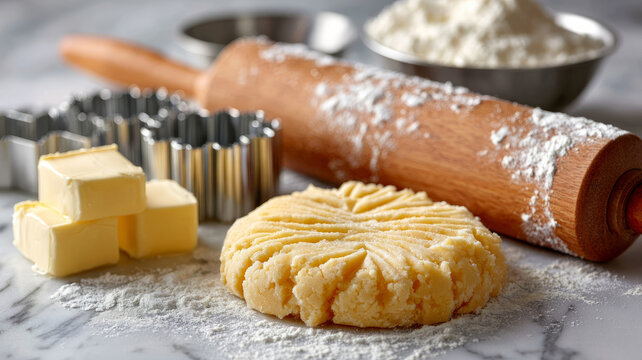 Baking dough with butter, flour, and tools on marble surface. - Powered by Adobe