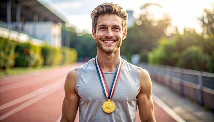 A happy male athlete wearing a gold medal around his neck standing on a running track with a blurred background of trees and a stadium