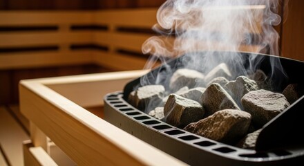 Sauna stove with hot stones and steam in wooden sauna interior  