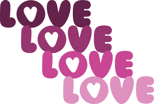 Cute monochromatic gradient vector graphic with the word "LOVE" repeated diagonally in chunky bubble font with a heart 'O', perfect for retro Valentine's Day designs.