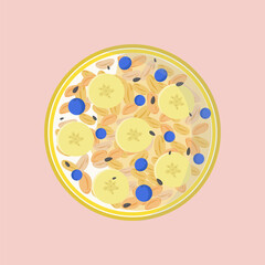 Bowl of oatmeal with bananas, seeds, blueberries, milk, breakfast, healthy eating, oatmeal, porridge, berries, food