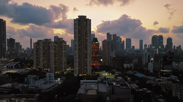 Aerial view of Mumbai city at night. Mumbai night view cityscape. Central Mumbai's cityscape and skyline- Lalbaug-Parel, Lower Parel, Worli, Curry Road, Prabhadevi.