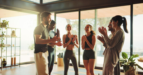 Naklejka premium Fitness, yoga class or people in gym with applause, solidarity or coach recognition in end of training. Pilates, success or instructor in studio with clap, gratitude or finish in wellness club.