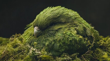 Kakapo, its moss-green feathers having the texture of ancient, plush velvet, surreal antique fabric texture, soft forest undergrowth lighting