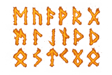 Burning runic alphabet symbols with a fiery effect, glowing ancient viking letters on transparent background