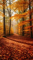 A peaceful autumn scene in a forest with a dirt path covered in fallen leaves and vibrant orange and yellow foliage on tall trees under a misty sky