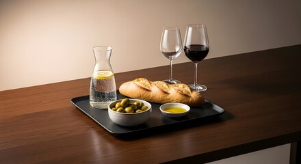 A minimalist still life arrangement featuring a glass of water with lemon, a loaf of bread, a bowl of olives, a small dish of olive oil, and two glasses of red wine on a wooden table surface