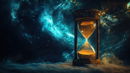 Surreal hourglass, sand replaced with flowing stardust, marking the transition to the new year, against a swirling nebula backdrop, moody chiaroscuro lighting