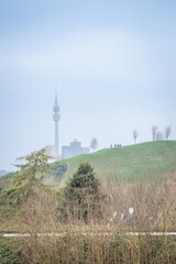 Obraz premium Scenic view of grassy hill and city skyline with a tall broadcasting tower in light morning haze.
