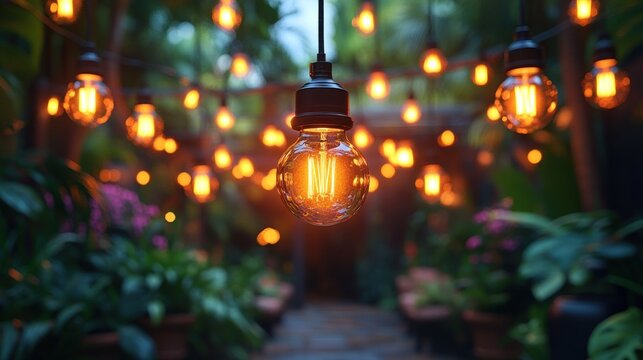 Warm, glowing Edison bulbs strung along a garden path