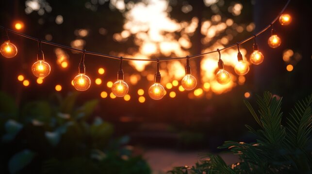 Warm, glowing string lights at sunset