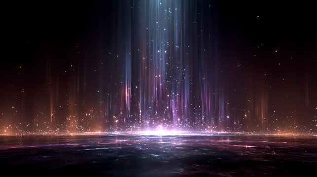 Modern corporate presentation template with purple-cyan holographic data pillars at bottom, large blank space above for headline and branding, analytics dashboard and marketing concept