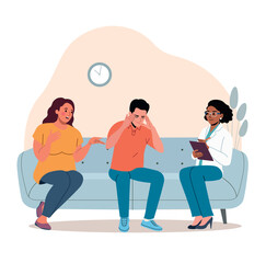 Family psychologist talks to a married couple on the sofa. Psychological consultation. Vector flat style illustration
