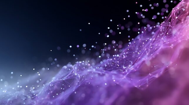 Floating purple-cyan neural lattice with subtle particle glow at the bottom, featuring a large smooth blank space above for AI hero headlines, innovation slides and digital branding campaigns