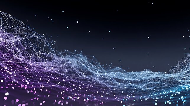 Purple-cyan gradient neural lattice with soft scattered particles along the bottom, offering a massive blank area above for bold AI hero titles, digital product promotions and corporate tech layouts