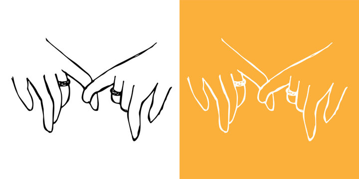 Two hands with a married ring engaged in a pinky promise gesture, vector line art