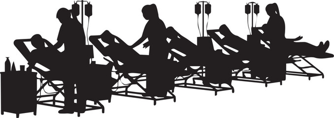 Silhouette of medical professionals assisting patients in beds with iv drips in a clinic setting.