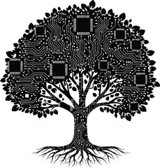 Digital tree of life with circuit board pattern and integrated chips.