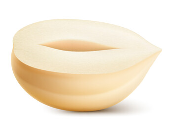 Half of shelled hazelnut isolated on a white background. Hazelnut in cross section. Hazelnut kernels are ripe and tasty, a healthy treat, a source of protein. Realistic 3d vector illustration.