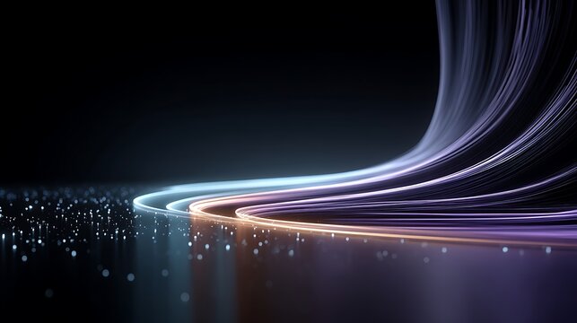 Purple-cyan gradient AI circuit lines forming soft arc at bottom center with large blank space above for corporate hero title, modern analytics dashboard and clean presentation template