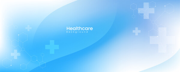 Blue healthcare background with plus signs and molecules.