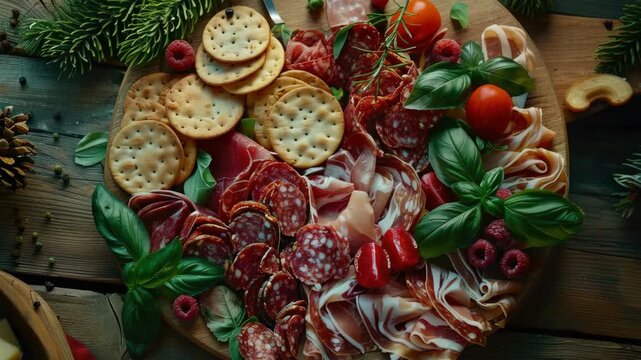 Delicious assortment of cured meats and cheeses on a rustic wooden platter, adorned with fresh berries and herbs, perfect for festive gatherings.