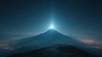 Bright light illuminates a mountain peak under a starry night sky in a serene landscape