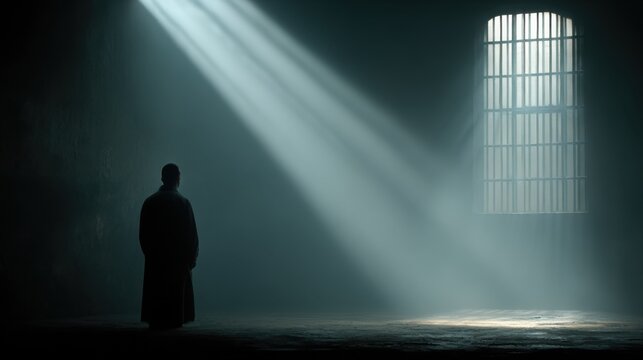 Light beams illuminate solitary figure in dark, abandoned space during early morning hours - Powered by Adobe