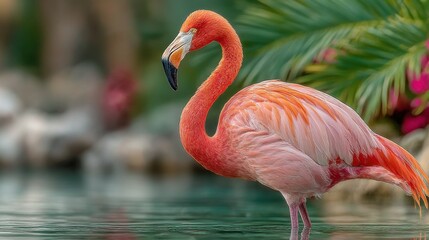 Fototapeta premium Bright flamingo stands gracefully by the water in a tropical garden setting during a sunny day