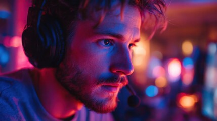 Young gamer immersed in action with vibrant lighting and focused expressions in a modern gaming setup