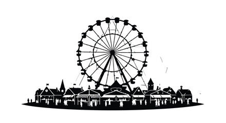 Iconic Ferris wheel towering over a charming amusement park cityscape at dusk.