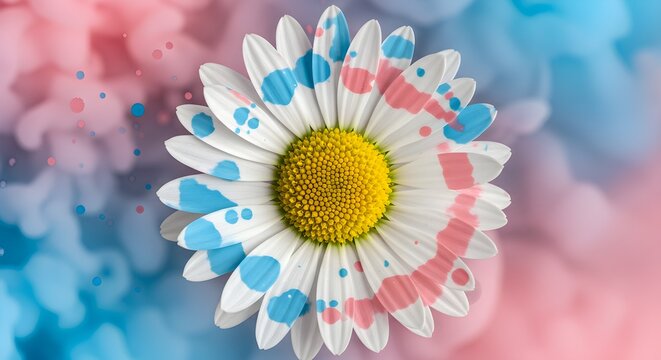 A daisy flower with pink and blue paint splatters on the petals against a blurred background