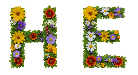 Letter h and letter e made of colorful flowers and green leaves against a black background isolated