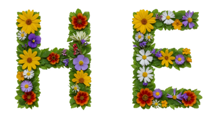 Letter h and letter e made of colorful flowers and green leaves against a black background isolated