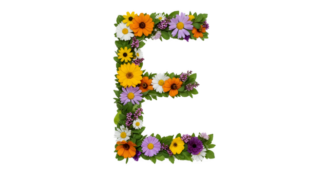 Floral letter e made of colorful flowers and green leaves on a black background in studio shot