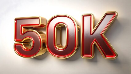 Shiny metallic 50k text with golden trim on a light background