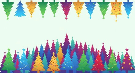 Colorful Christmas Tree Forest with Festive Lights and Stars, Holiday, Celebration, Winter