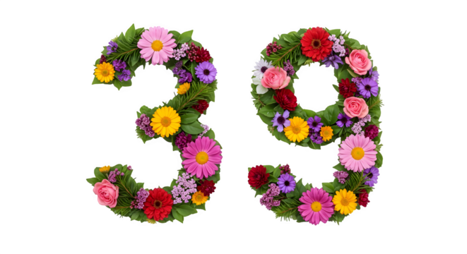 Floral arrangement forming the number thirty nine isolated on a black background for design purposes