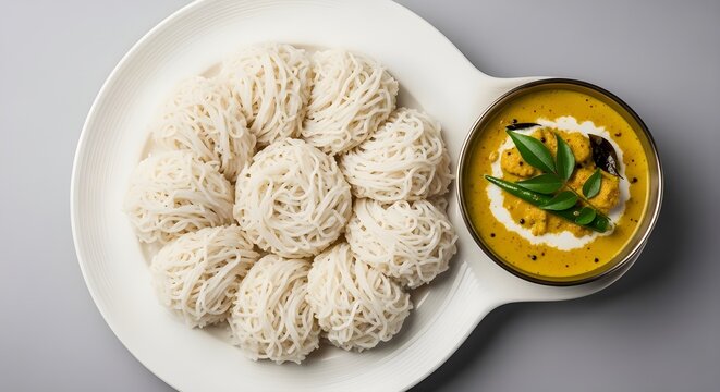Soft string hoppers served with yellow coconut milk curry and sambol