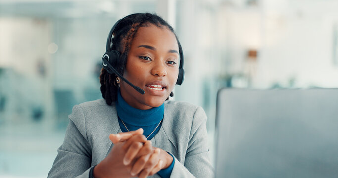 Call center, headset and woman with laptop, online or communication with contact for lead generation. Consultant, discussion and black person with tech for telemarketing, talk and customer service
