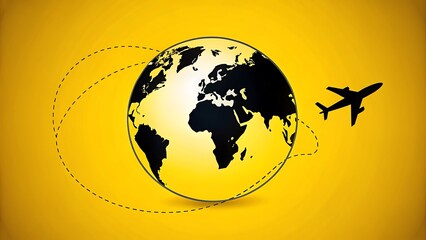 Airplane flying around the earth on a yellow background