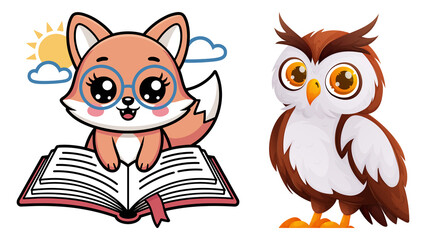 Cute Fox Reading and Owl Illustration book glasses