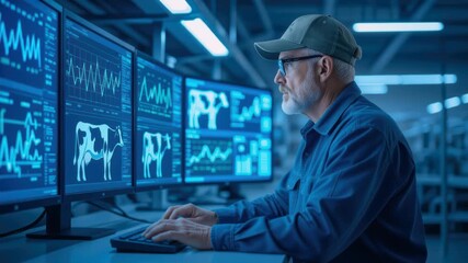 Smart farming technology farmer man with computer monitor for livestock data analysis in agriculture control room - Powered by Adobe