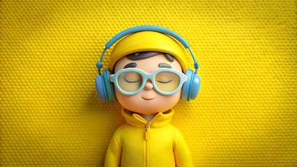 Cute cartoon boy wearing headphones and glasses enjoying music