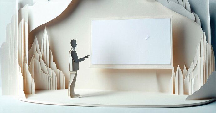Papercraft scene depicts presenter near blank screen. Minimalist design, neutral tones, abstract background suggests innovation, communication, presentation concept. - Powered by Adobe