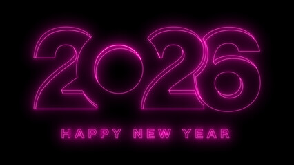 Vibrant pink neon outline of the year 2026 with happy new year text on a black background, representing future celebration, digital event, modern design, and festive glowing light