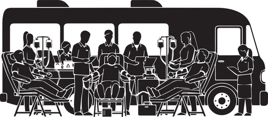 Silhouette of people donating blood inside a mobile blood donation unit van providing a vital service.