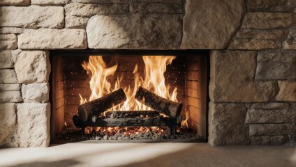 Cozy Fireplace with Burning Logs and Stone Hearth.