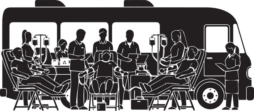 Silhouette of people donating blood inside a mobile blood donation unit van providing a vital service.