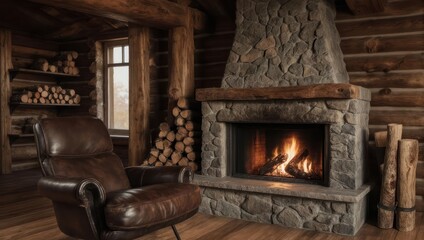 Cozy Log Cabin Interior with Stone Fireplace and Leather Armchair.